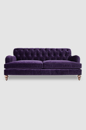 86 Alfie tufted English roll arm sofa in Como Deep Purple velvet with weathered grey legs