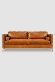 Natalie mid-century moden sofa in Caprieze Copper Glaze brown leather with aluminum legs and bolster pillows