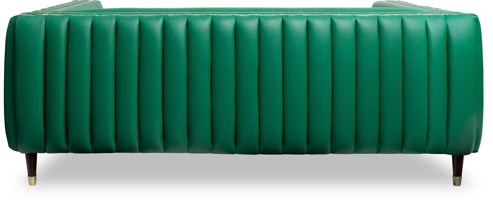 79 Electra sofa in Brisa Original Esmerelda green faux-leather with bench cushion and brass-capped legs