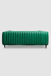 79 Electra exerior channel-tufted sofa in Brisa Original Esmerelda green faux-leather with bench cushion and brass-capped legs