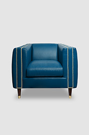 Electra exerior channel-tufted chair in Brisa Fresco Azurite green faux-leather with brass-capped legs