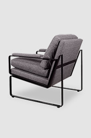Weldon armchair in Harrison Wool Tweed and black metal finish with cushion back and seat