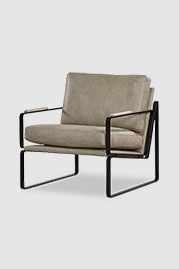 Weldon armchair in Run Wyld Cloudy Day performance leather and black metal finish with cushion back and seat