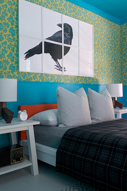 The finished bedroom is bursting with color.