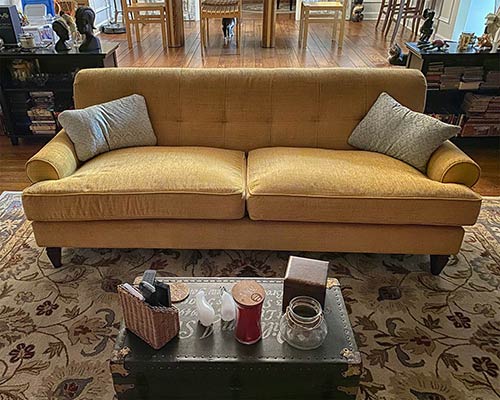 Customer image: Puddin sofa in Vermillion Sunshine