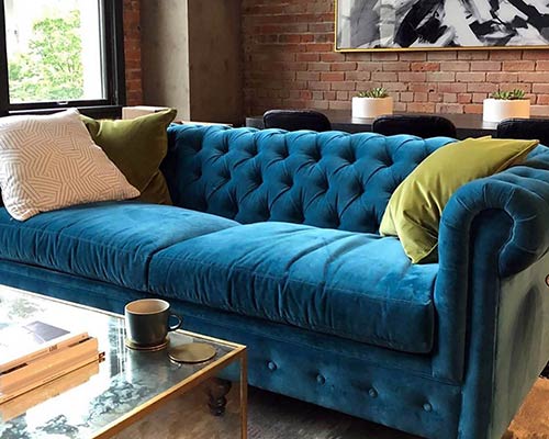 Customer image: Higgins Chesterfield sofa in Como Cyan blue velvet