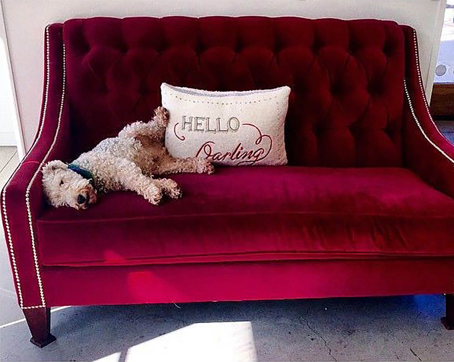 Lincoln tufted slope arm sofa in red velvet