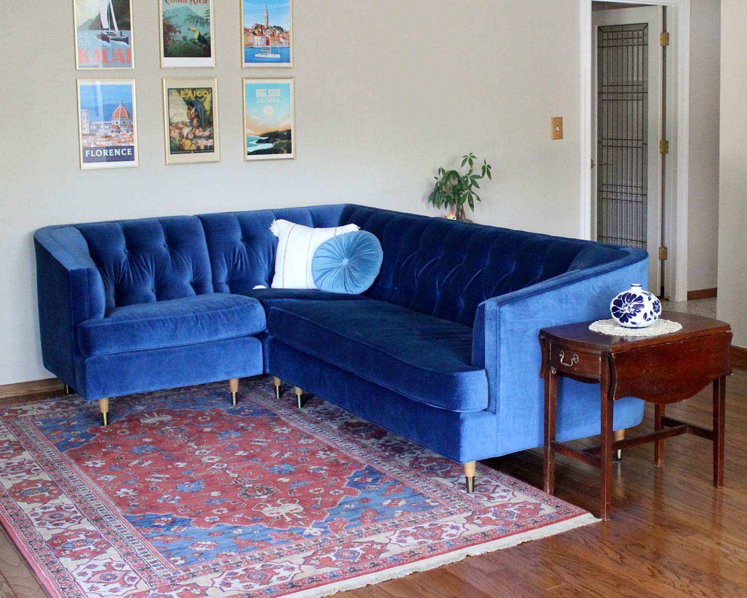 Olympia sectional in Como Sapphire blue velvet