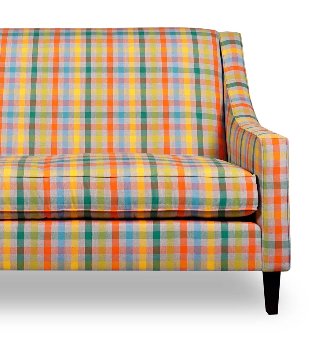 Gracie loveseat in colorful plaid fabric