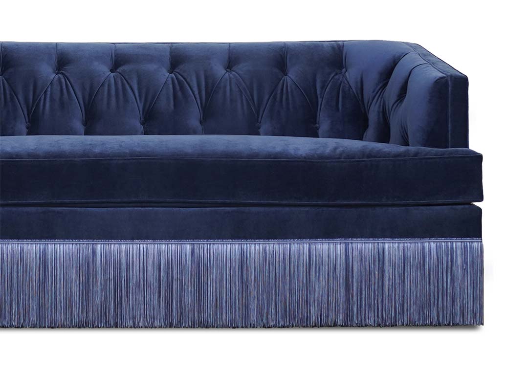 Olympia sofa in velvet with fringe skirt