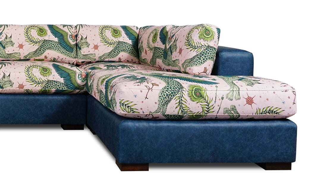 Chad sectional in mix of custom floral print with leather