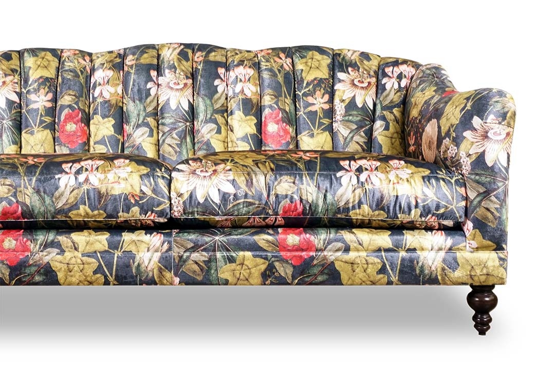 Carla channel tufted sofa in satin floral fabric
