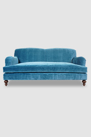 Basel tight back English roll arm sofa in Como Cyan blue velvet with bench cushion
