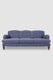 Basel tight back English roll arm sofa in Fulton Lapis stain-proof blue fabric with contrasting welt in Fulton Oyster