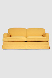 Basel tight back English roll arm sofa with skirt in Greenwich Honey stain-proof yellow fabric