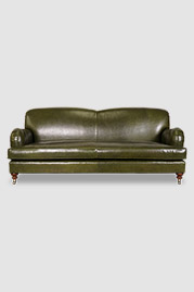 Basel sofa in Bellissimo Oliva olive green leather with bench cushion and caster legs