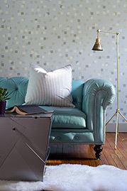 Higgins Chesterfield sofa in Brighton Oceanic leather with Takeout Side Table and Twiggy lamp