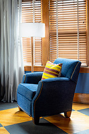 Howdy armchair in Varick Indigo blue performance linen
