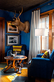Howdy armchair in Varick Indigo blue performance linen