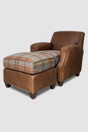 Howdy armchair and ottoman in Vintage Old Timer brown leather with plaid cushion