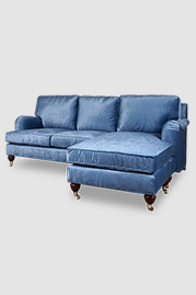Blythe pillow back English roll arm sofa with chaise ottoman in Thompson Wedgewood stain-proof blue velvet