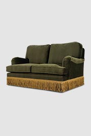 62 Blythe English roll arm sofa in Cannes Moss velvet with bullion fringe