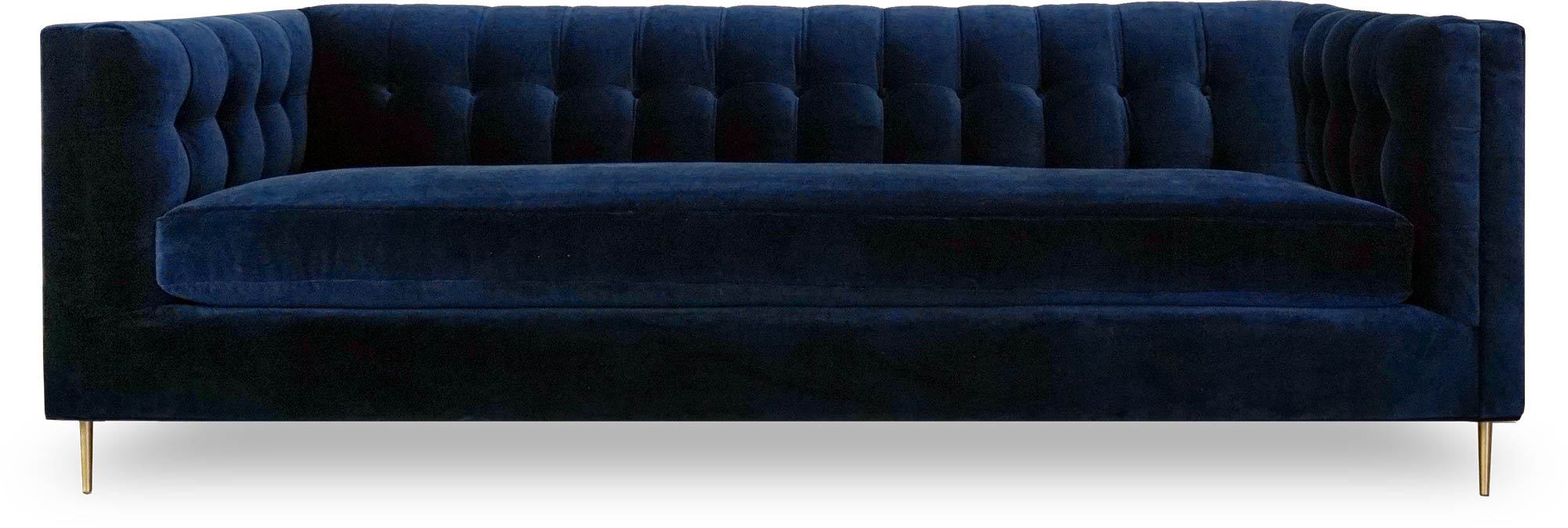 Atticus sofa in Como Indigo blue velvet with brass legs