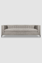 Atticus tuxedo sofa in Minetta Linen stain-proof fabric with bench cushion and black aluminum legs