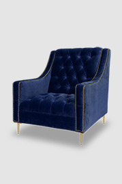 Lincoln armchair with tufted seat in Como Indigo with brass nail head trim and brass legs