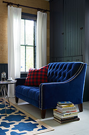 Lincoln loveseat in Como Lapis velvet fabric. Photo by Alec Hemer.