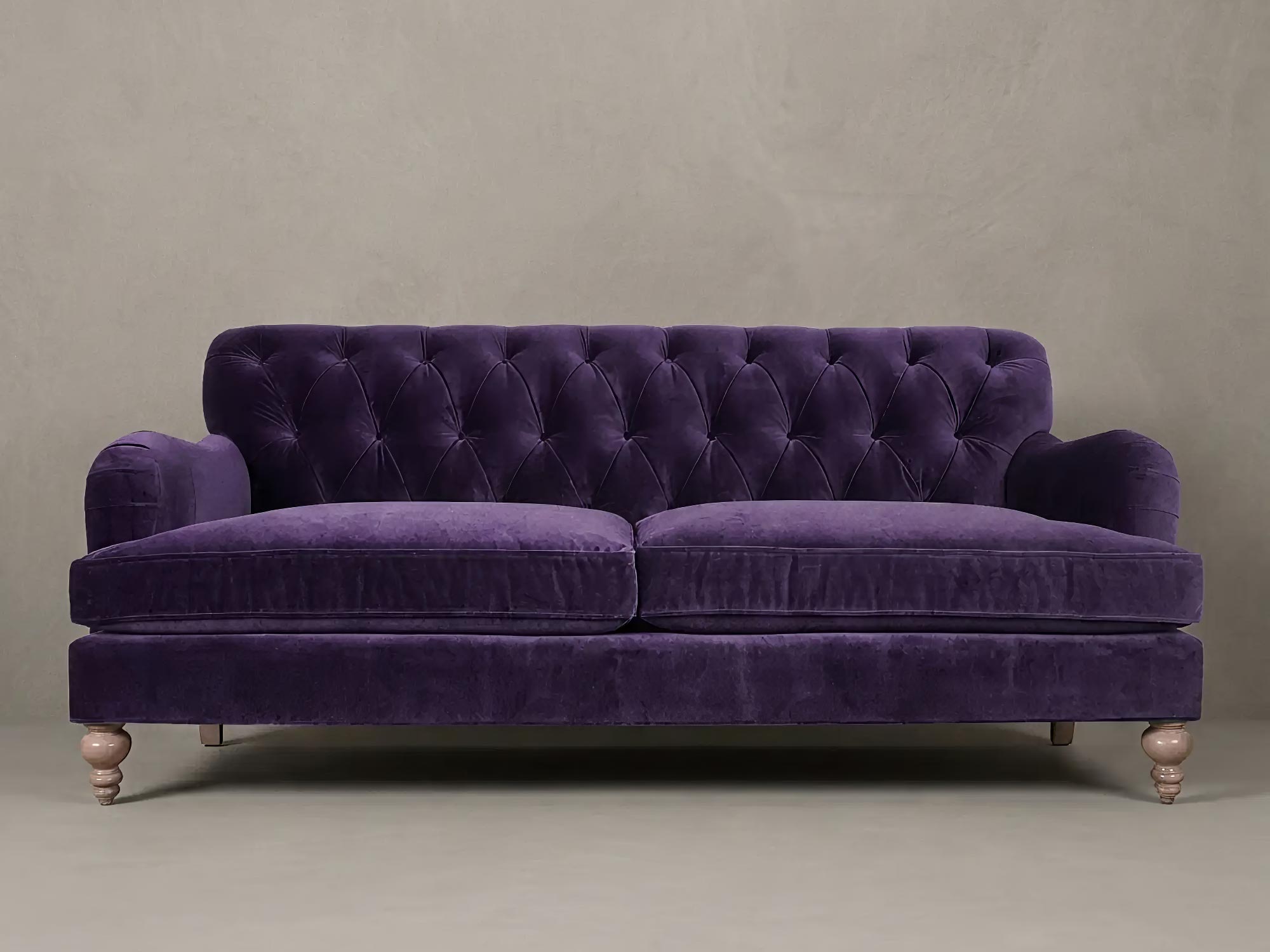 86 Alfie tufted English roll arm sofa in Como Deep Purple velvet