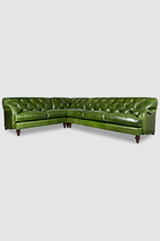 129x102 Alfie tufted English roll arm sectional in Mont Blanc Evergreen leather