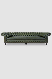 125 Lucille sofa in Cheyenne Decoy green performance leather with bench cushion and bolster pillows