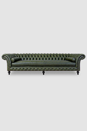 125 Lucille sofa in Cheyenne Decoy green performance leather with bench cushion and bolster pillows