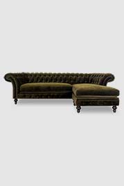Lucille sofa+chaise (with reversible chaise ottoman) in Como Olive green velvet