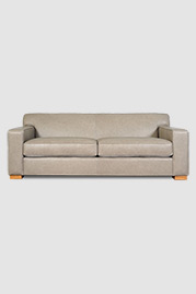 87 Bobby sofa in No Regrets Honey Butter performance leather with Jay Limestone performance fabric cushion undersides