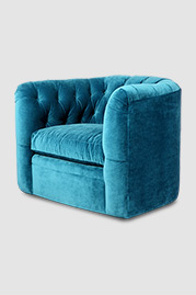 Oliver tufted barrel chair with swivel base in Como Cyan blue velvet