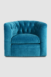 Oliver tufted barrel chair with swivel base in Como Cyan blue velvet