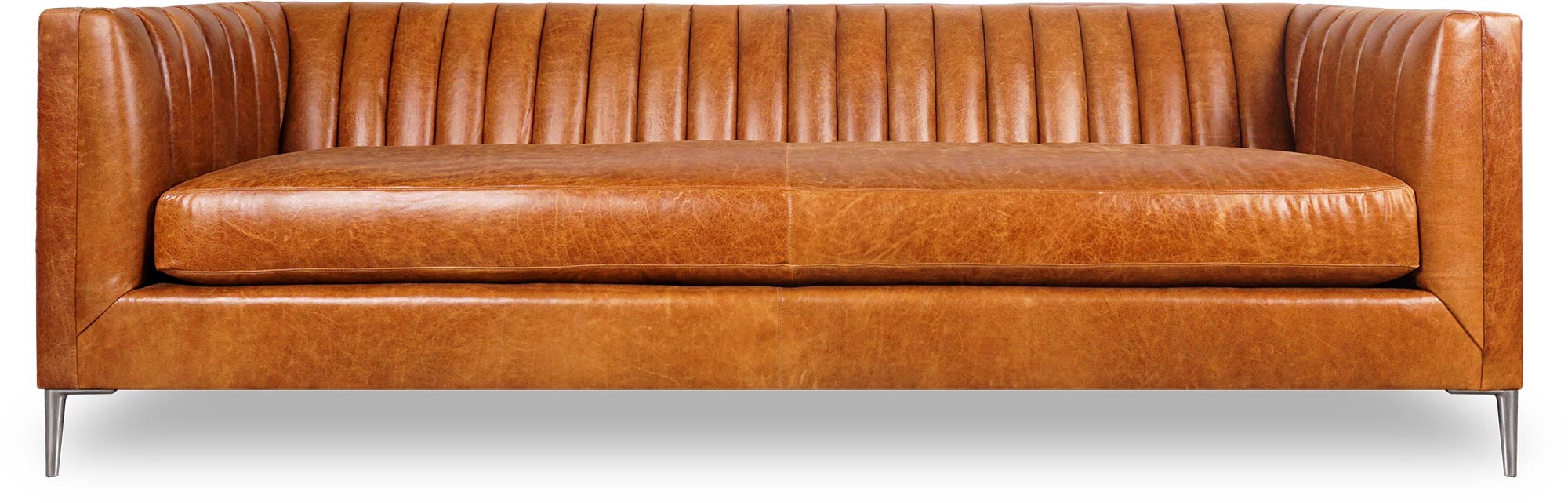 93 Harley channel-tufted sofa in Caprieze Copper Glaze leather with bench cushion and aluminum legs