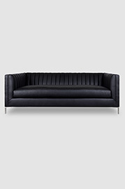 86 Harley channel-tufted shelter arm sofa in Brisa Fresco Peppercorn black faux leather with stainless steel legs