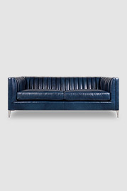 79 Harley channel-tufted sofa in Echo Blue Marlin leather with aluminum legs