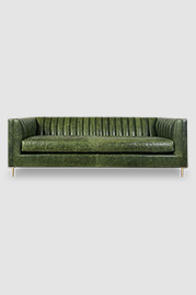 86 Harley channel-tufted sofa in Cortina Emerald City 7025 green leather with bench cushion and brass legs