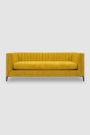 86 Harley channel-tufted sofa in Cannes Gold Spun mustard velvet with bench cushion and black metal legs