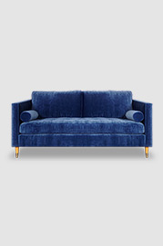 72 Natalie sofa in Porto Harbor blue velvet with blind tufted bench cushion and arm pillows