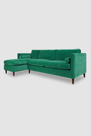 104 Natalie sofa+chaise with sleeper in Porto Lawn green velvet and optional bolster pillows