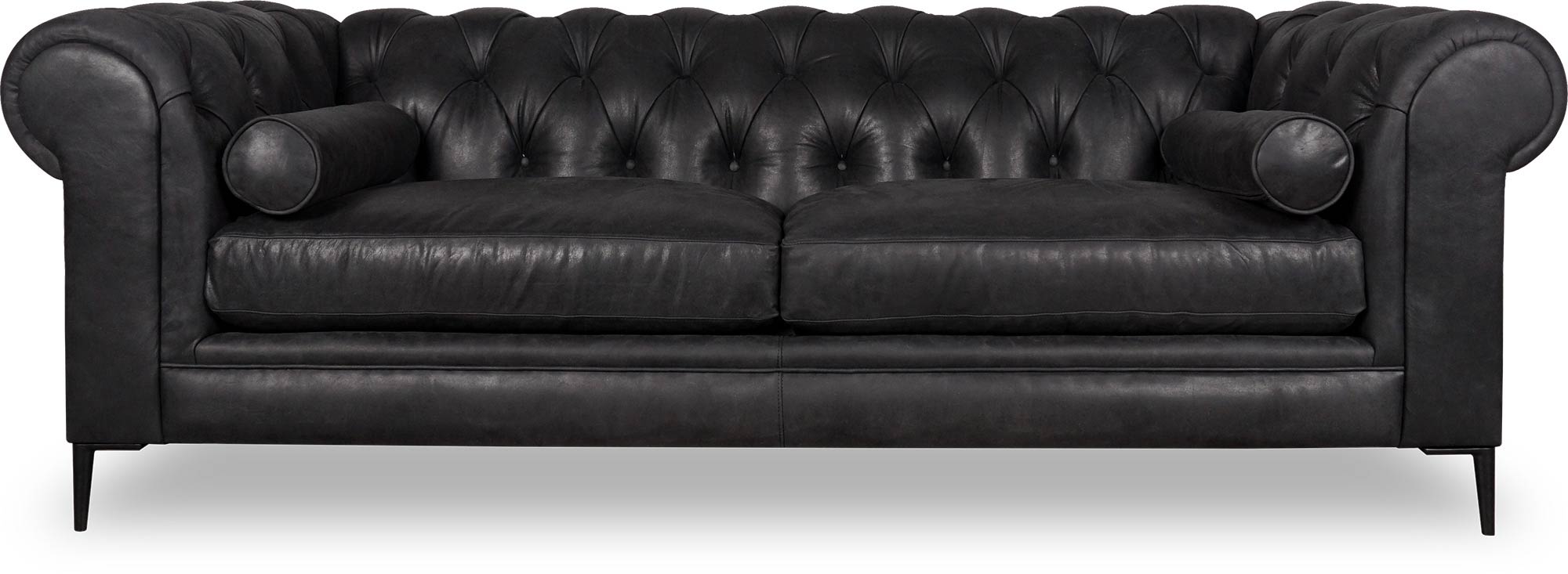 91 Eliza modern Chesterfield in Burnham Black with cushion seat, black aluminum legs, and bolster pillows