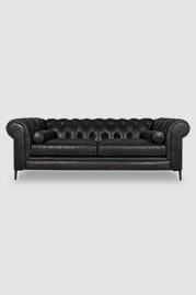 91 Eliza modern Chesterfield in Burnham Black with cushion seat, black aluminum legs, and bolster pillows