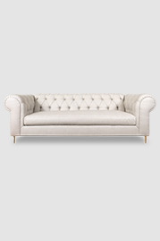 96 Eliza modern Chesterfield sofa in Brisa Distressed Coyote faux leather with bench cushion and brass legs