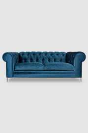 85 Eliza Modern Chesterfield sofa in Thompson Caspian stain-proof blue velvet with aluminum legs
