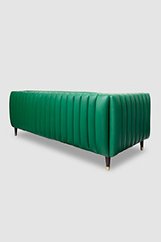 79 Electra exerior channel-tufted sofa in Brisa Original Esmerelda green faux-leather with bench cushion and brass-capped legs